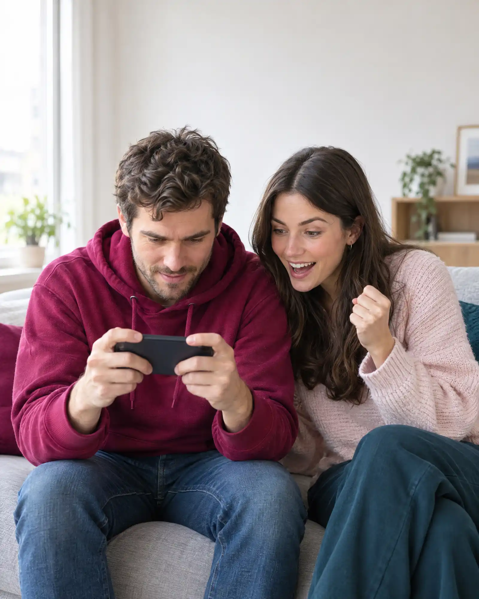 Zwei Freunde auf dem Sofa, einer spielt auf dem Smartphone, der andere schaut gespannt auf den Bildschirm.