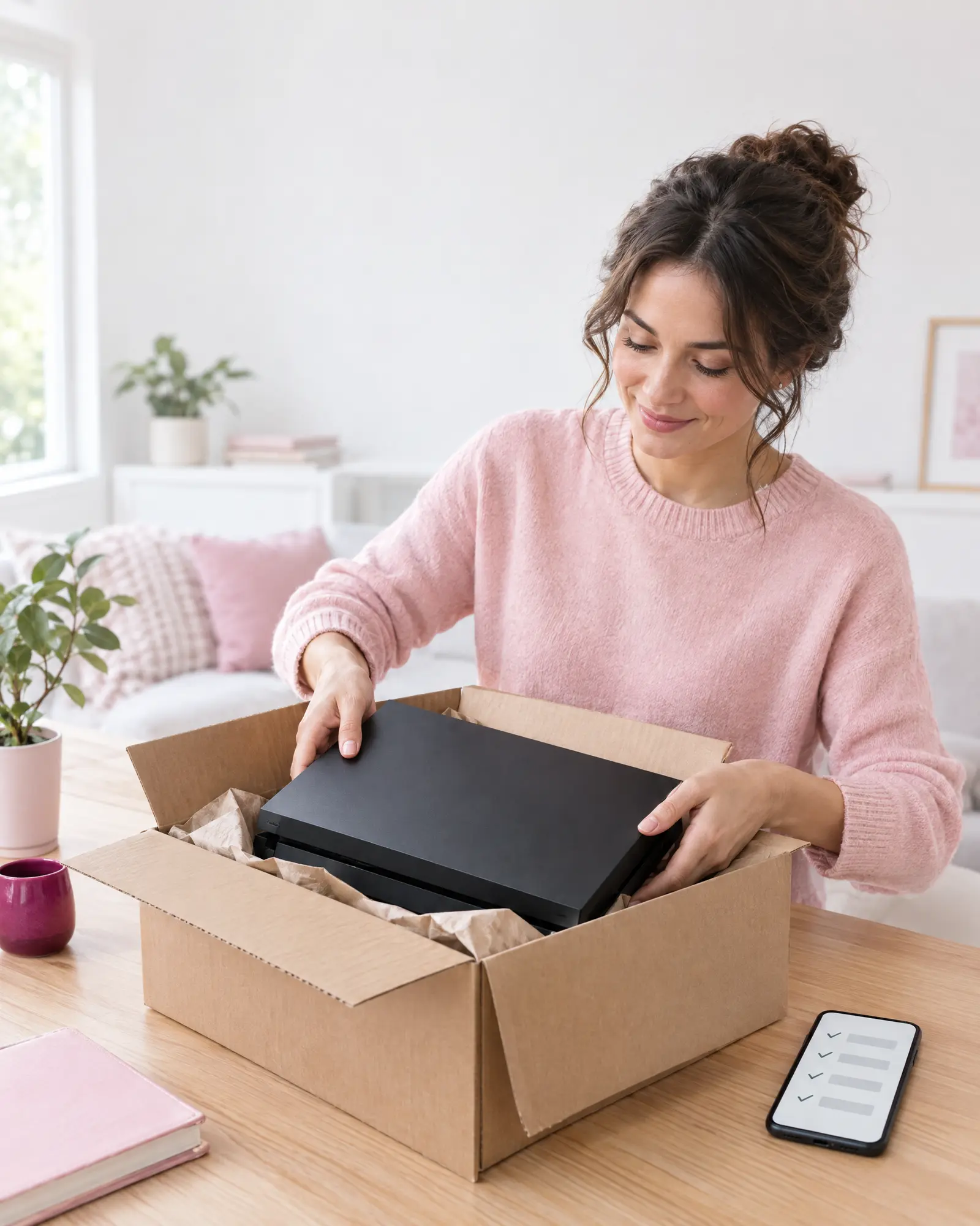 Person verpackt eine Spielkonsole sorgfältig in einen Versandkarton, daneben liegt ein Smartphone mit einer Checkliste.